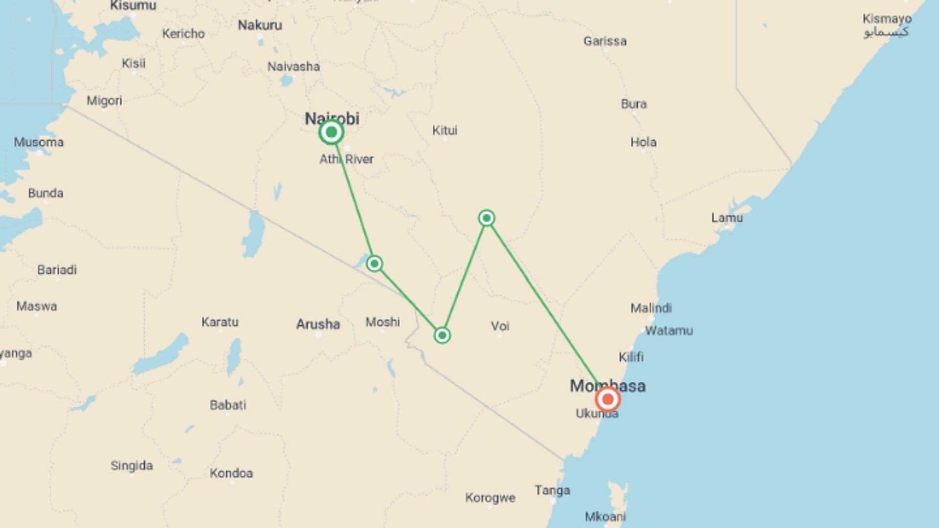A map showing the tour itinerary for the trip: 4 day Amboseli & Tsavo National Parks Safaris, starting in Nairobi, Kenya and ending in Mombasa, Kenya going through 5 other destinations.