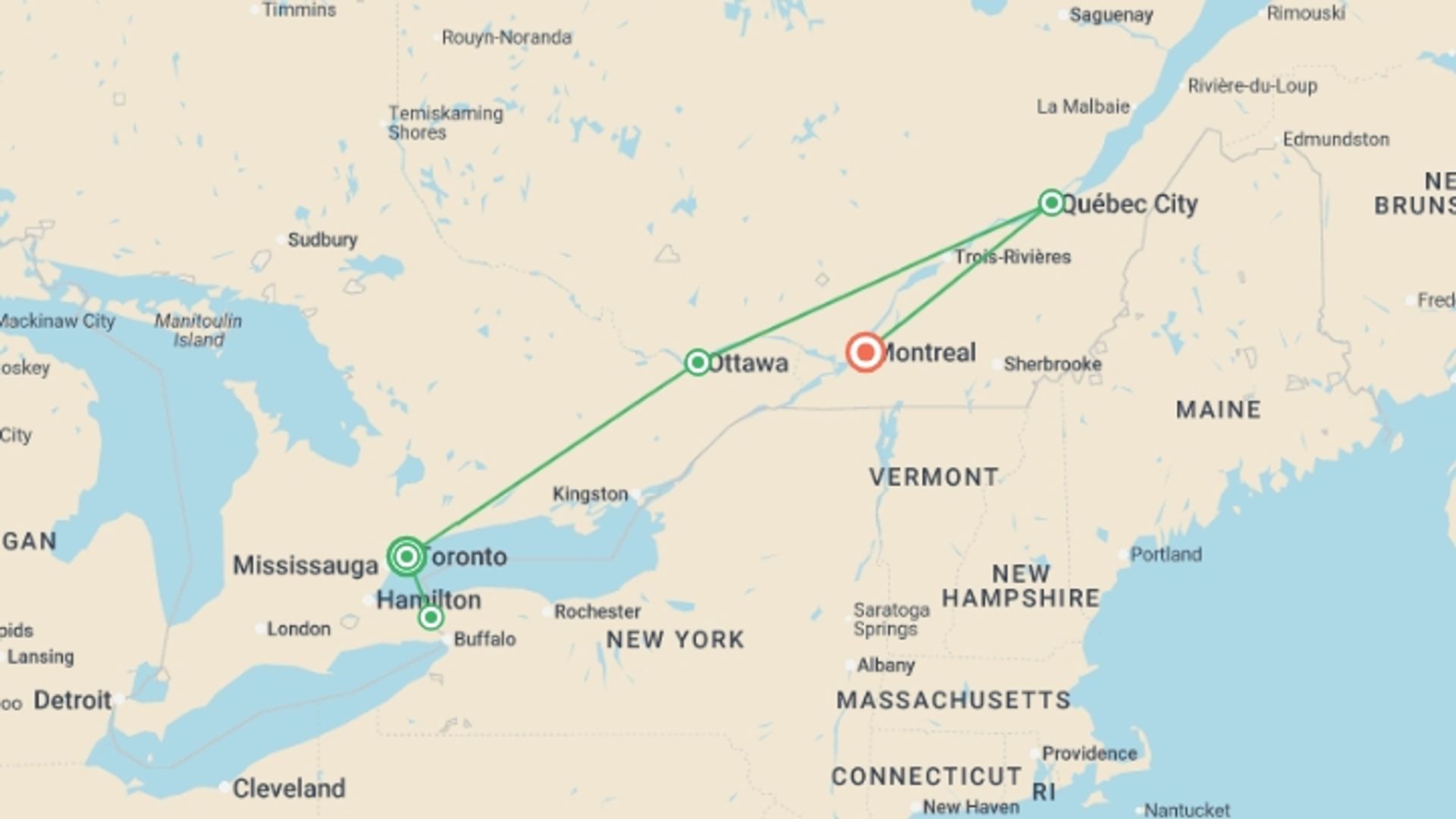 A map showing the tour itinerary for the trip: Indulgence in Eastern Canada, starting in Toronto, Canada and ending in Montreal, Canada going through 3 other destinations.