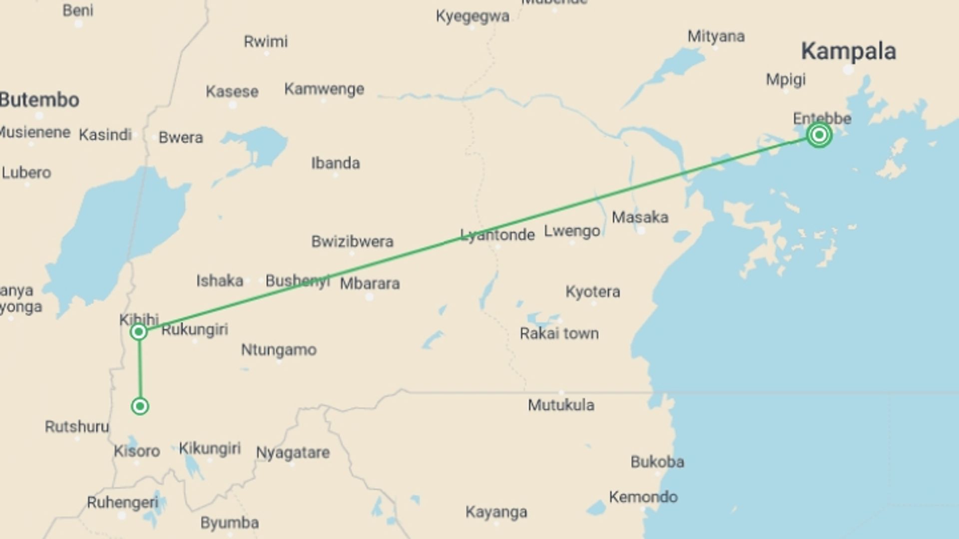 A map showing the tour itinerary for the trip: Four Day Gorilla Trekking Safari, starting in Entebbe, Uganda and ending in Entebbe, Uganda going through 1 other destinations.