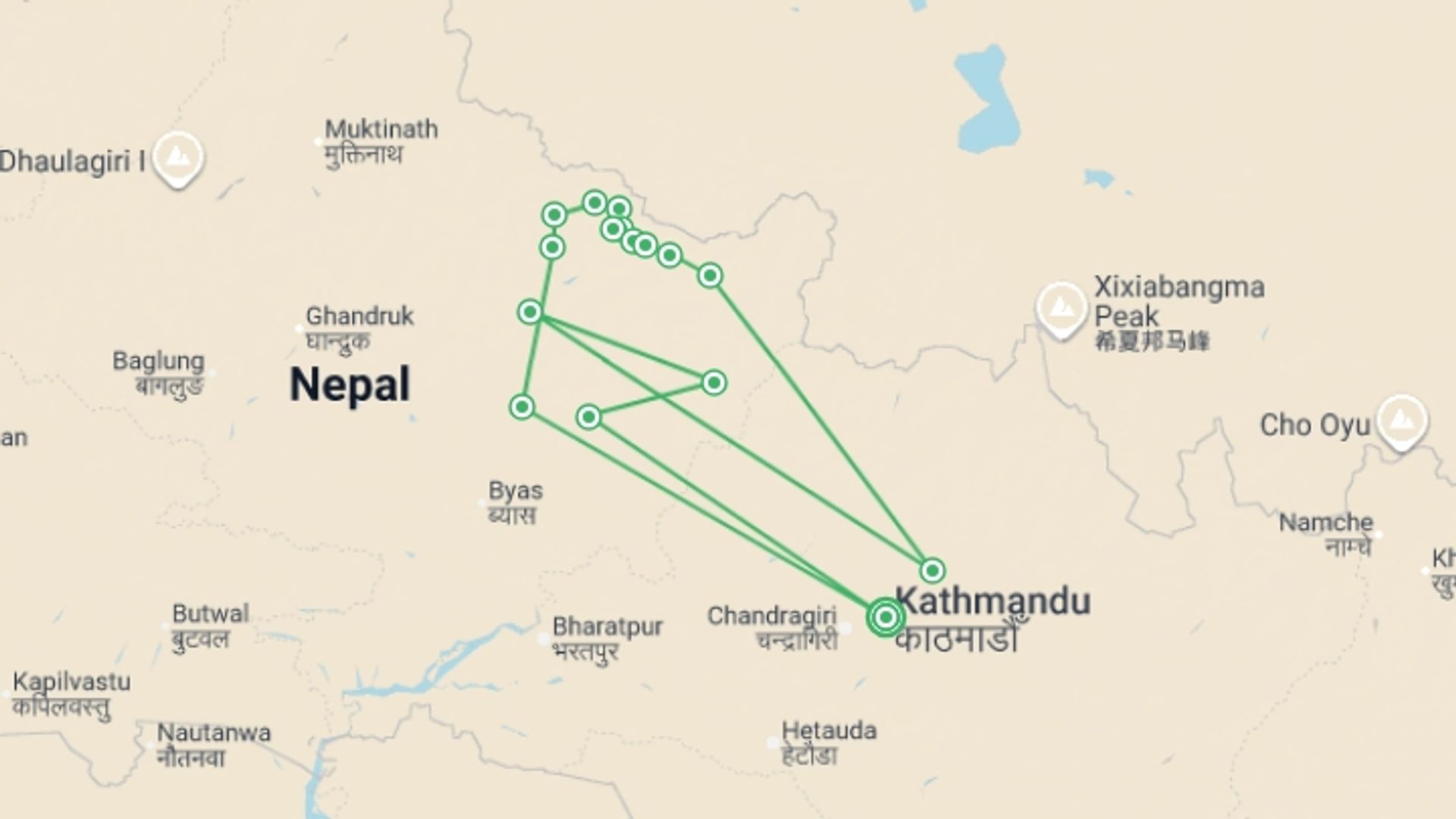 A map showing the tour itinerary for the trip: Manaslu Circuit & Base Camp Trek, starting in Kathmandu, Nepal and ending in Kathmandu, Nepal going through 16 other destinations.
