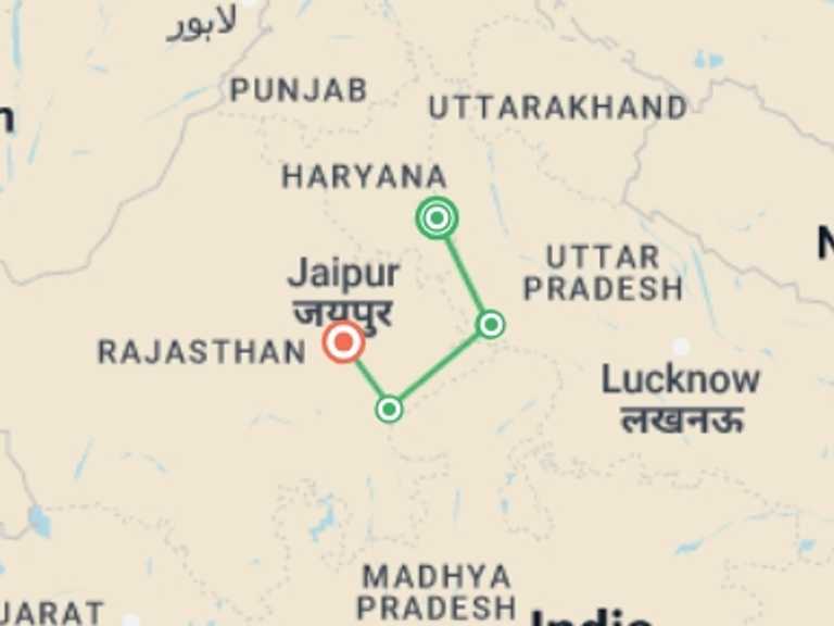 Map of a Shopping and Markets Tour with 4 destination visits for the trip: Indian Golden Triangle Tour With Ranthambore 