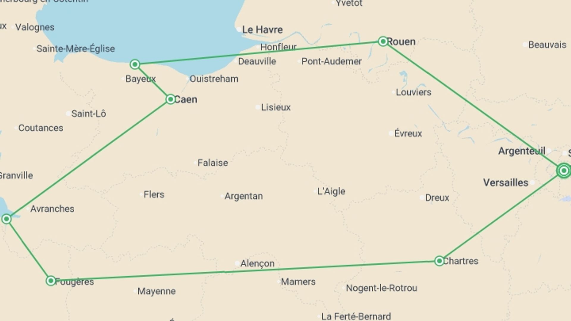 A map showing the tour itinerary for the trip: Brittany and Normandy with Paris, starting in Paris, France and ending in Paris, France going through 1 other destinations.