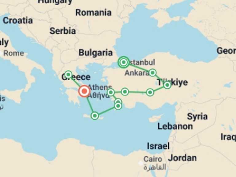 Map itinerary of Mediterranean Tour in Summer with 11 destination visits for the trip: Great Turkey, Greek Islands and Northern Greece