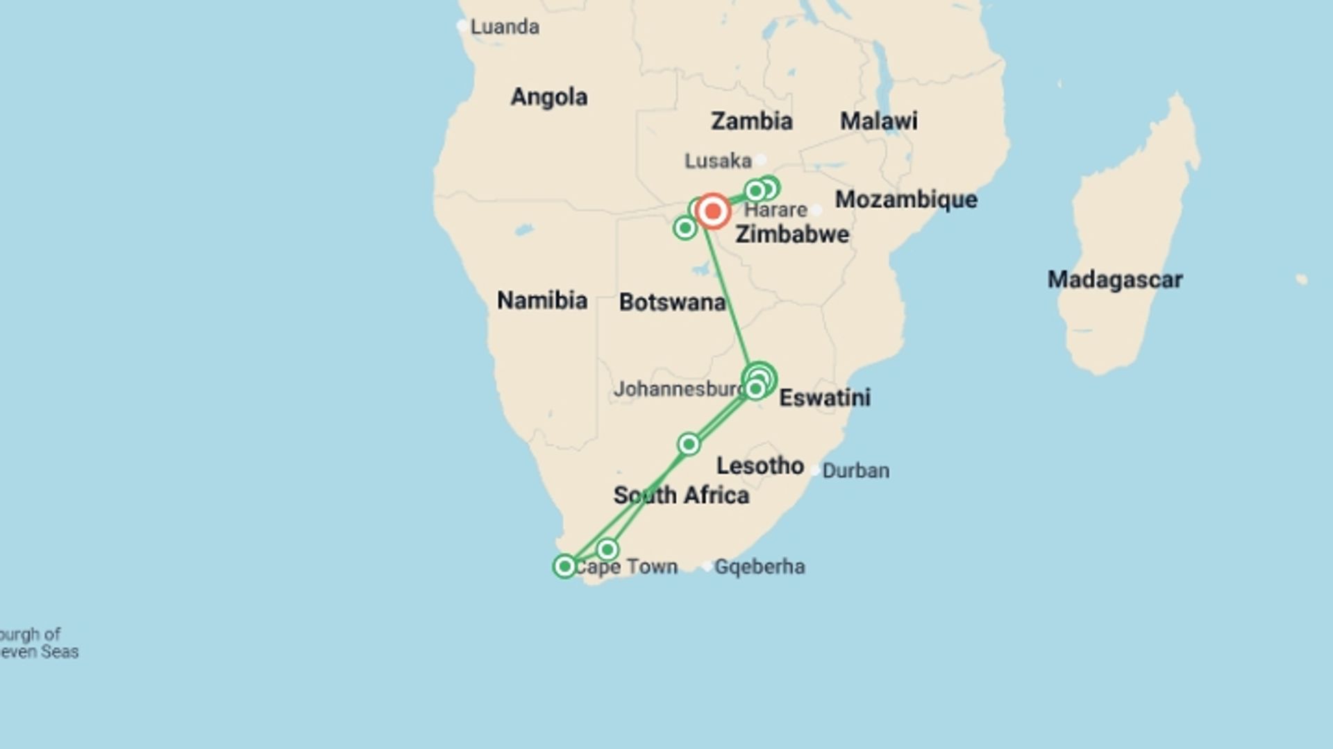 A map showing the tour itinerary for the trip: Luxury Southern Africa: A Once-in-a-Lifetime Cruise, Rail, and Tour Experience, starting in Pretoria, South Africa and ending in Victoria Falls, Zimbabwe going through 9 other destinations.