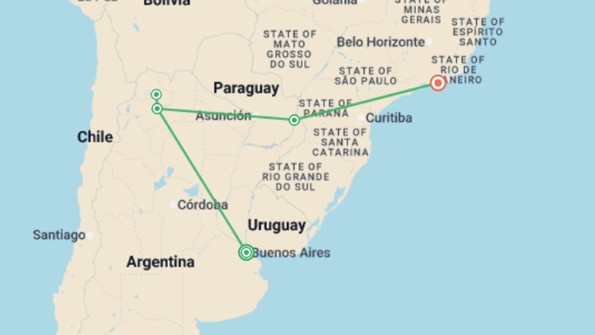 A map showing the tour itinerary for the trip: From Tango to Samba: Buenos Aires, Salta, Igu, starting in Buenos Aires, Argentina and ending in Rio de Janeiro, Brazil going through 3 other destinations.