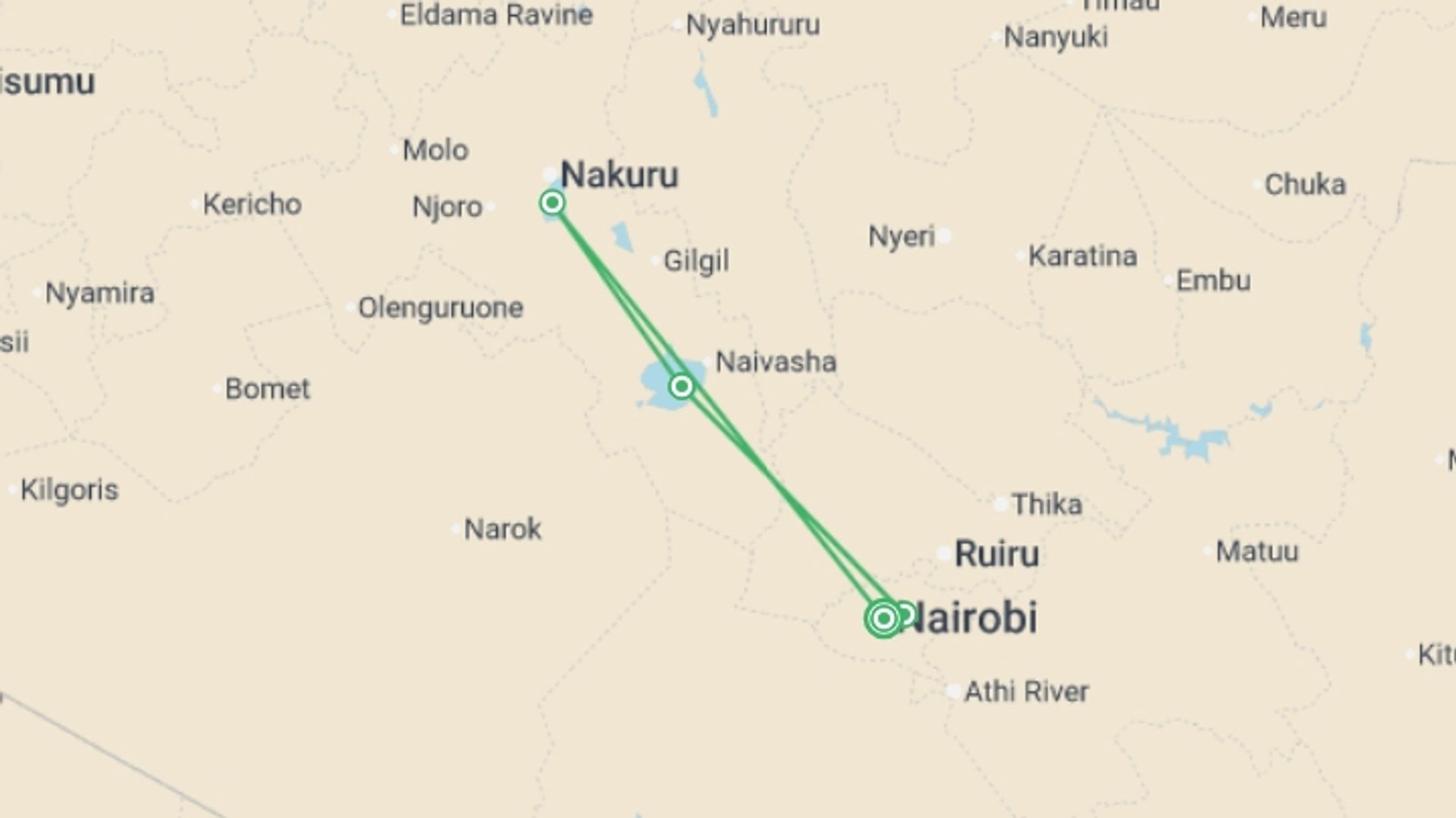 A map showing the tour itinerary for the trip: Kenya Family Safari, starting in Nairobi, Kenya and ending in Nairobi, Kenya going through 3 other destinations.
