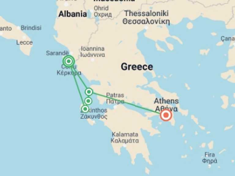 Map of Athens Sailing, yachting and motor boating Tour with 5 destination visits for the trip: Ionian Islands Bike & Boat