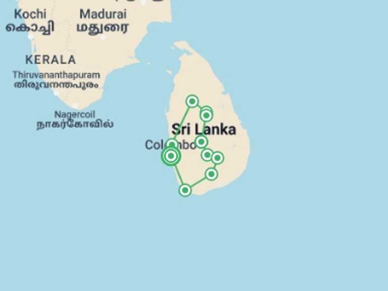 Map of a Adventure Tour with 10 destination visits for the trip: Sri Lanka Adventure