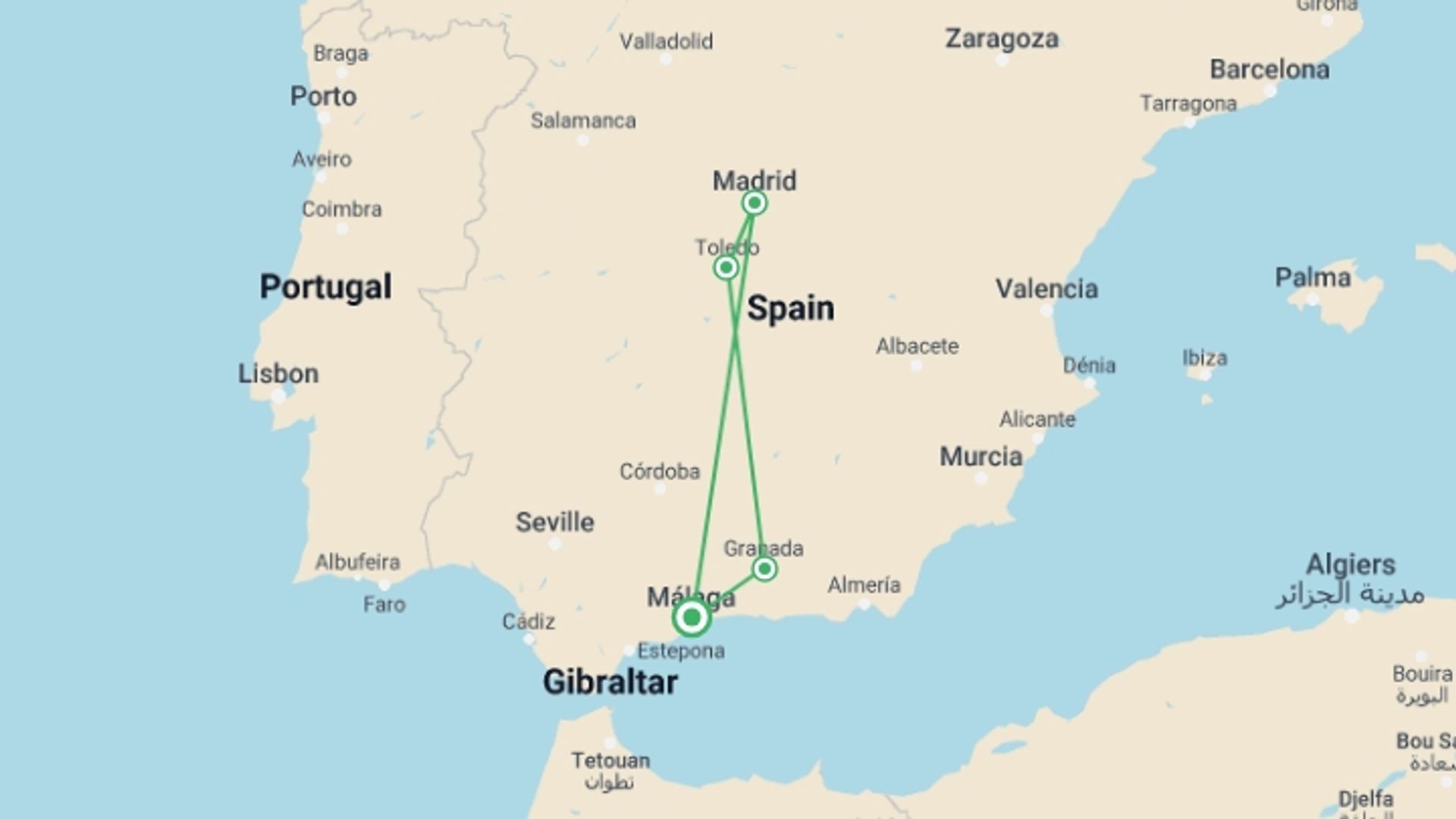 A map showing the tour itinerary for the trip: 2 Day Granada, Toledo & Madrid, From Costa Del Sol, starting in Malaga, Spain and ending in Malaga, Spain going through 2 other destinations.