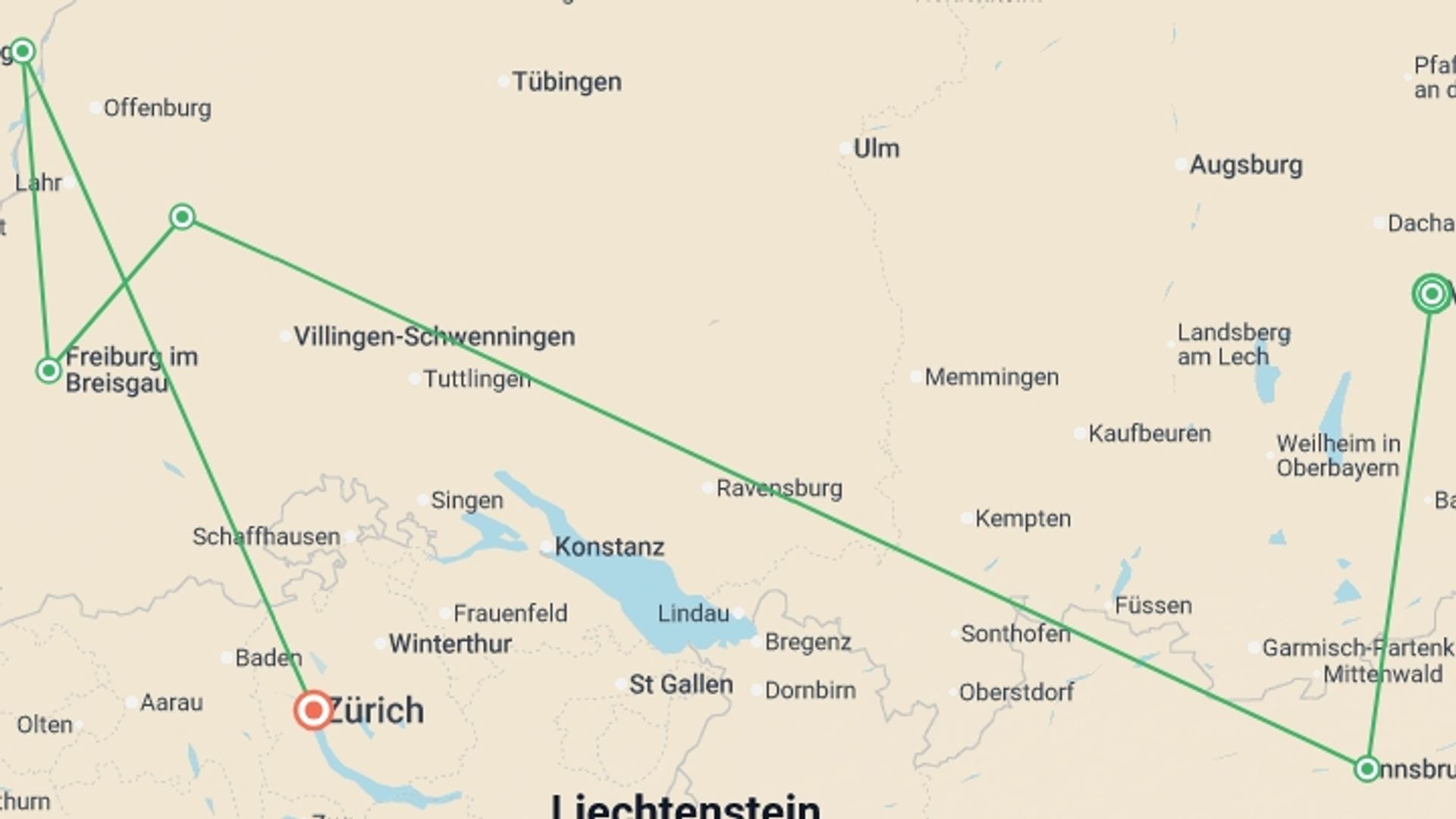 A map showing the tour itinerary for the trip: Alpine Christmas Markets, starting in Munich, Germany and ending in Zurich, Switzerland going through 4 other destinations.