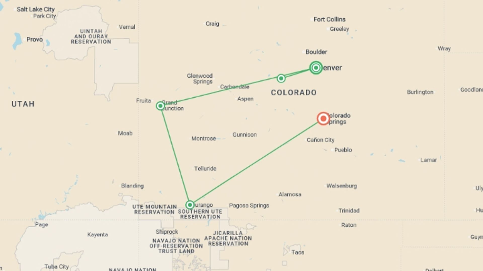 A map showing the tour itinerary for the trip: Colorado Rockies, starting in Denver, USA and ending in Colorado Springs , USA going through 4 other destinations.