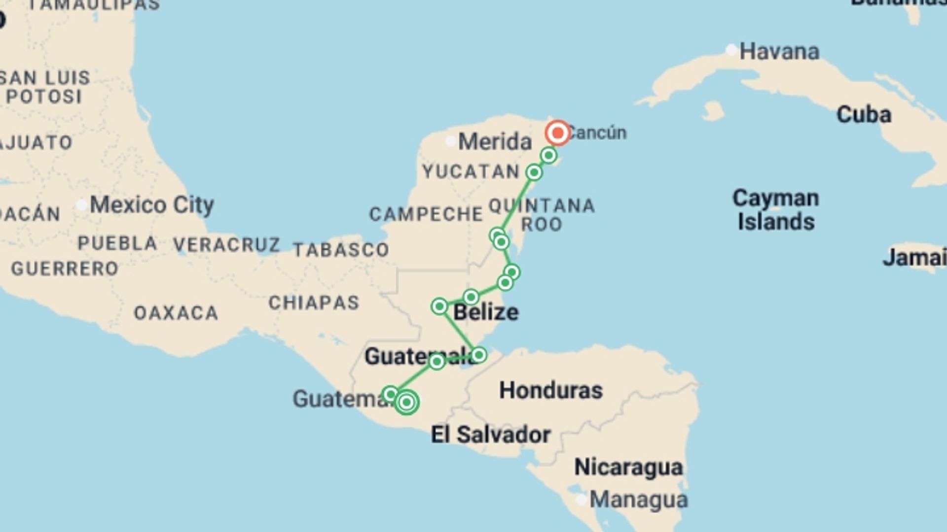 A map showing the tour itinerary for the trip: Antigua to Cancun Travel Pass, starting in Antigua, Guatemala and ending in Cancún, Mexico going through 12 other destinations.