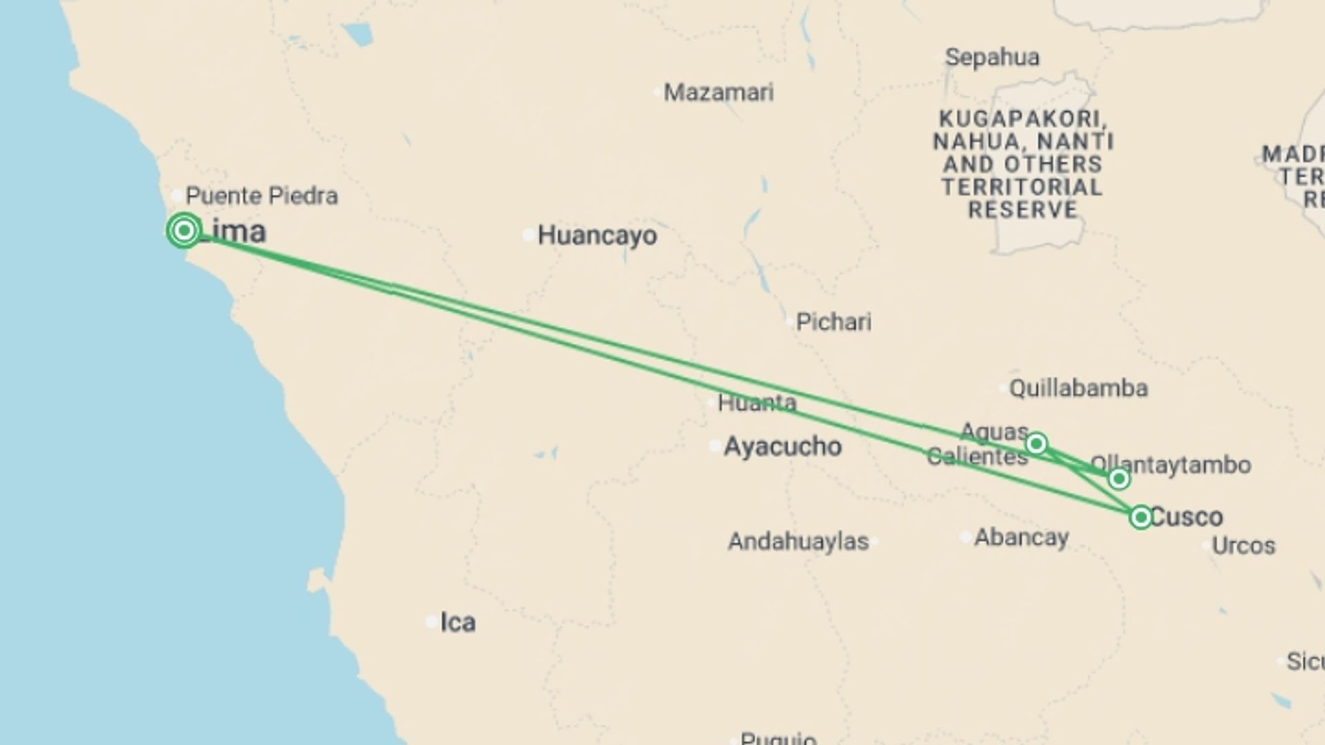 A map showing the tour itinerary for the trip: Peru Explorer, starting in Lima, Peru and ending in Lima, Peru going through 3 other destinations.