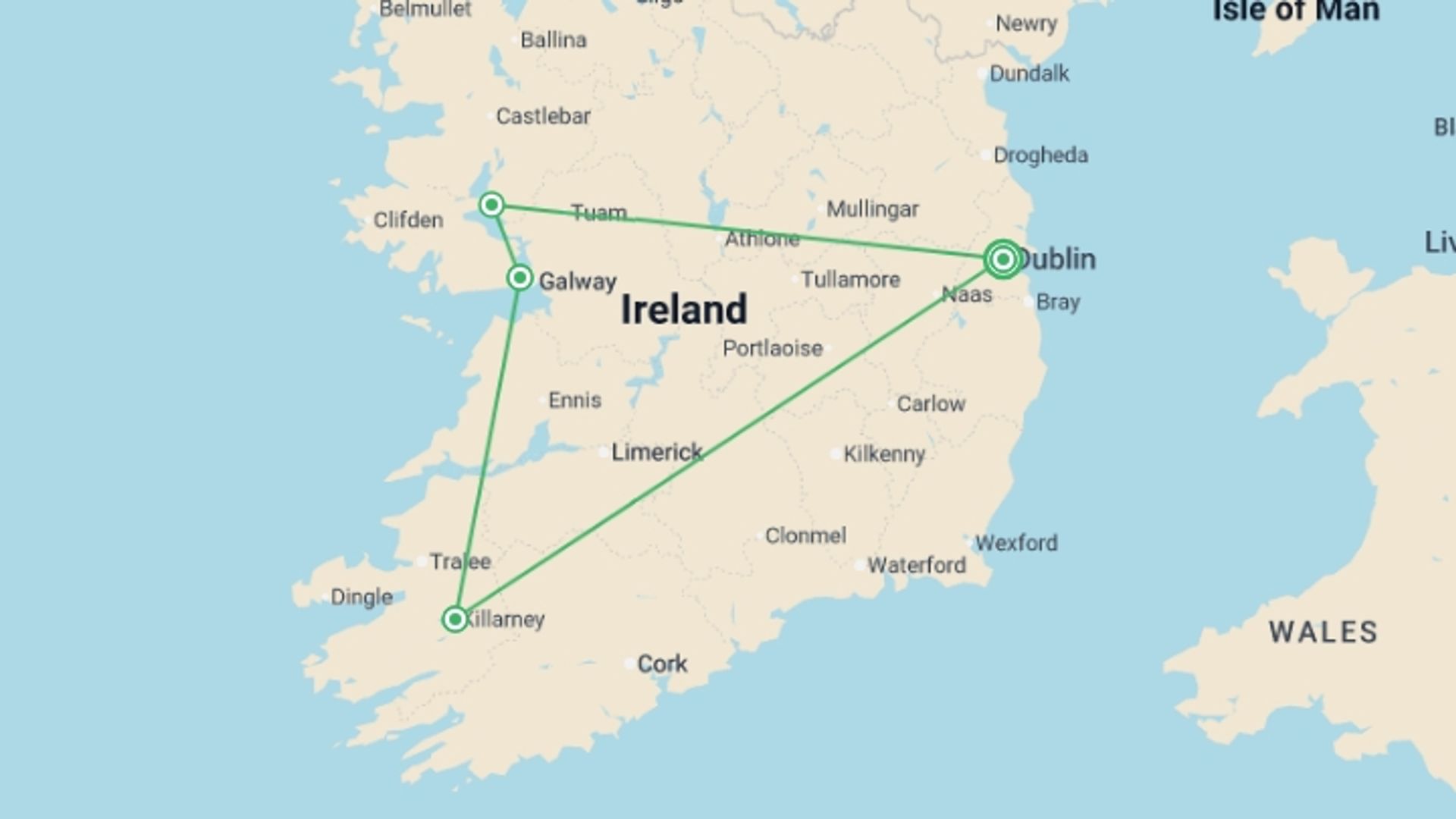 A map showing the tour itinerary for the trip: Irish Elegance - Premium, starting in Dublin, Ireland and ending in Dublin, Ireland going through 3 other destinations.