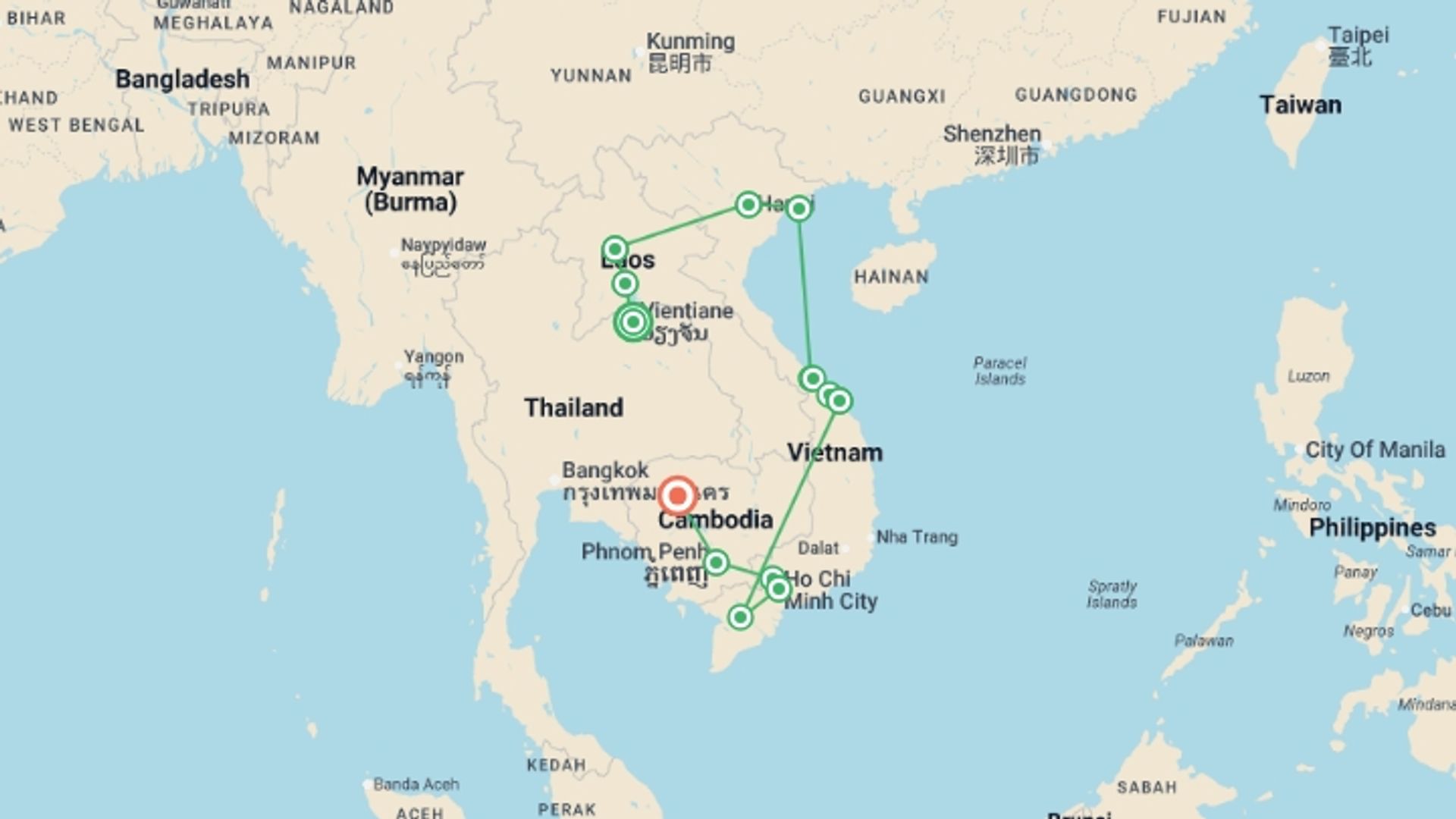A map showing the tour itinerary for the trip: Jewels of Indochina, starting in Vientiane, Laos and ending in Siem Reap, Cambodia going through 11 other destinations.