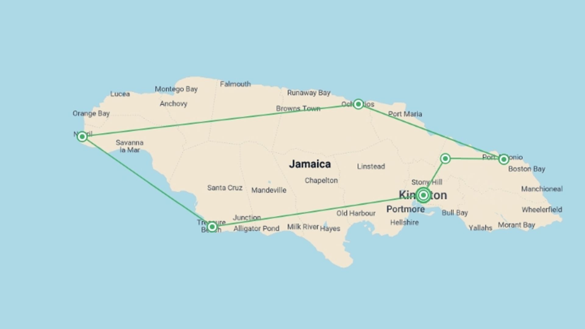 A map showing the tour itinerary for the trip: Explore Jamaica, starting in Kingston, Jamaica and ending in Kingston, Jamaica going through 6 other destinations.