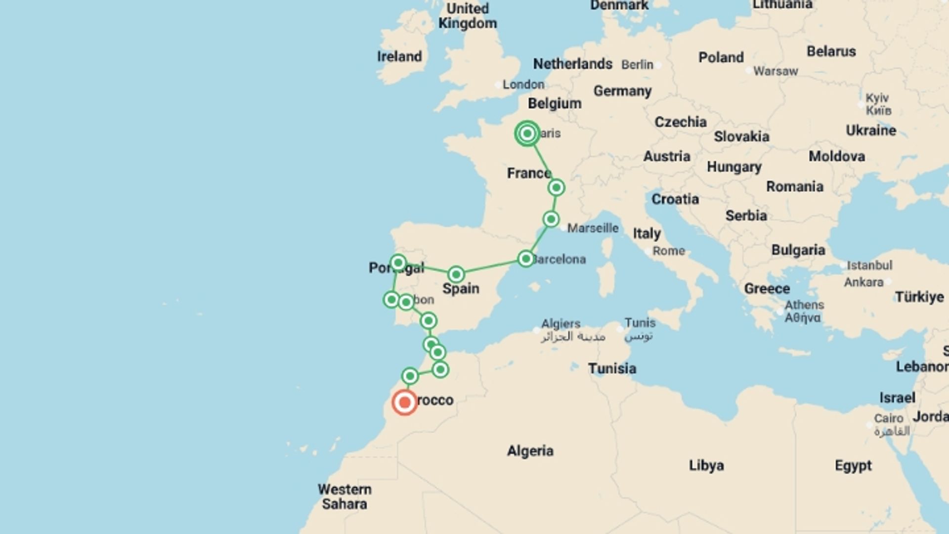 A map showing the tour itinerary for the trip: Paris to Marrakech Adventure, starting in Paris, France and ending in Marrakech, Morocco going through 13 other destinations.