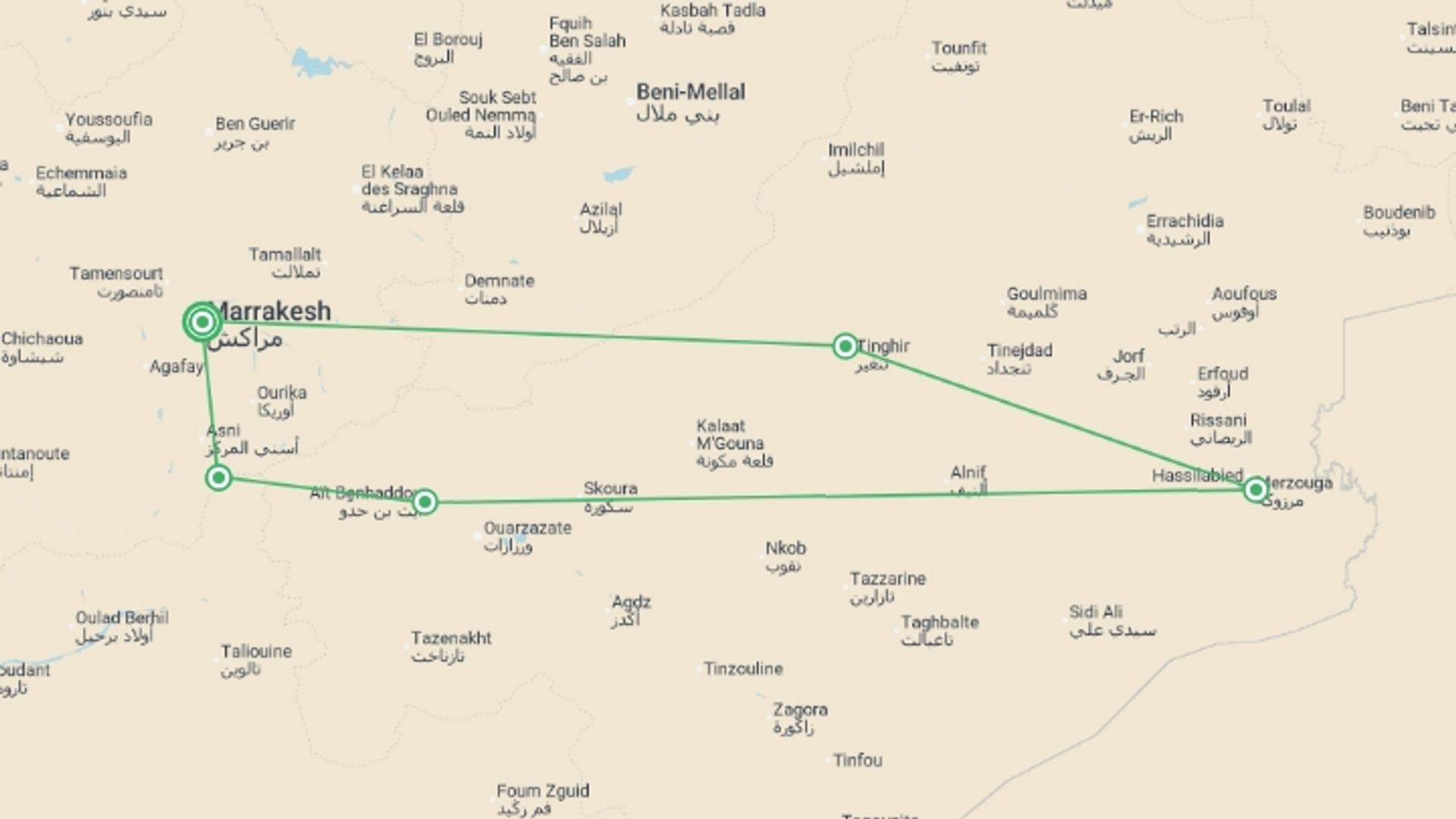 A map showing the tour itinerary for the trip: One Week in Morocco: Sahara & Todra Gorge, starting in Marrakech, Morocco and ending in Marrakech, Morocco going through 4 other destinations.