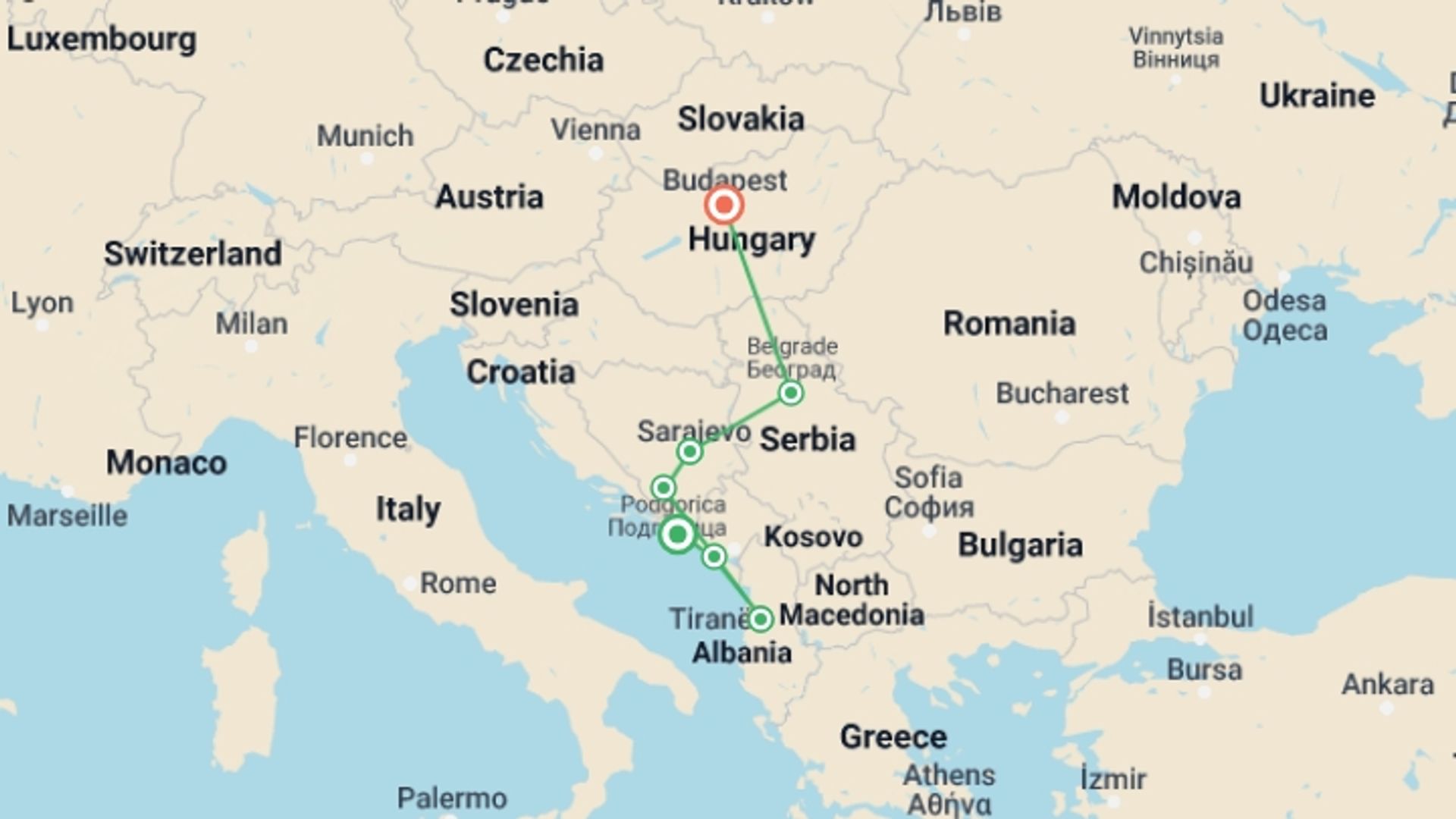 A map showing the tour itinerary for the trip: Balkans Discovery, starting in Dubrovnik, Croatia and ending in Budapest, Hungary going through 5 other destinations.