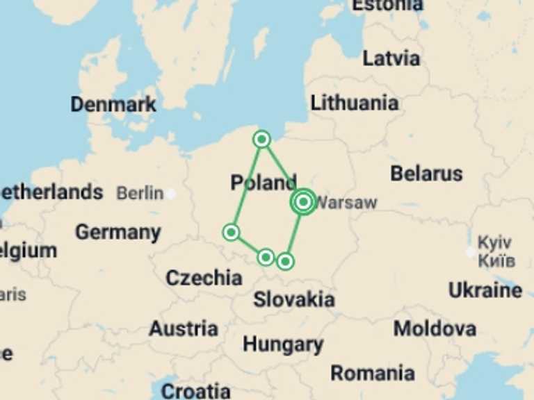 Map itinerary of Eastern Europe Tour in July 2026 with 5 destination visits for the trip: Explore Poland's Rich Heritage Trail - 10 days