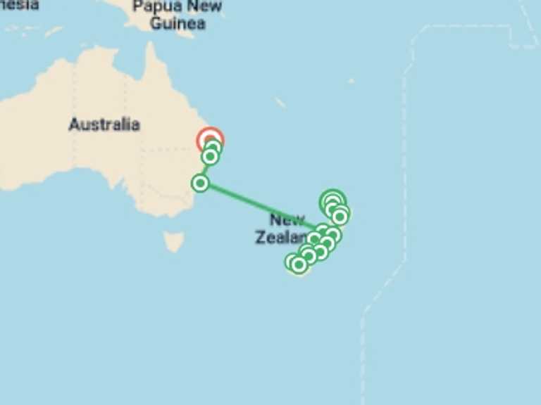 Map of a Adventure and sport Tour with 16 destination visits for the trip: Australia and New Zealand: Surf, Sun & Epic Parks
