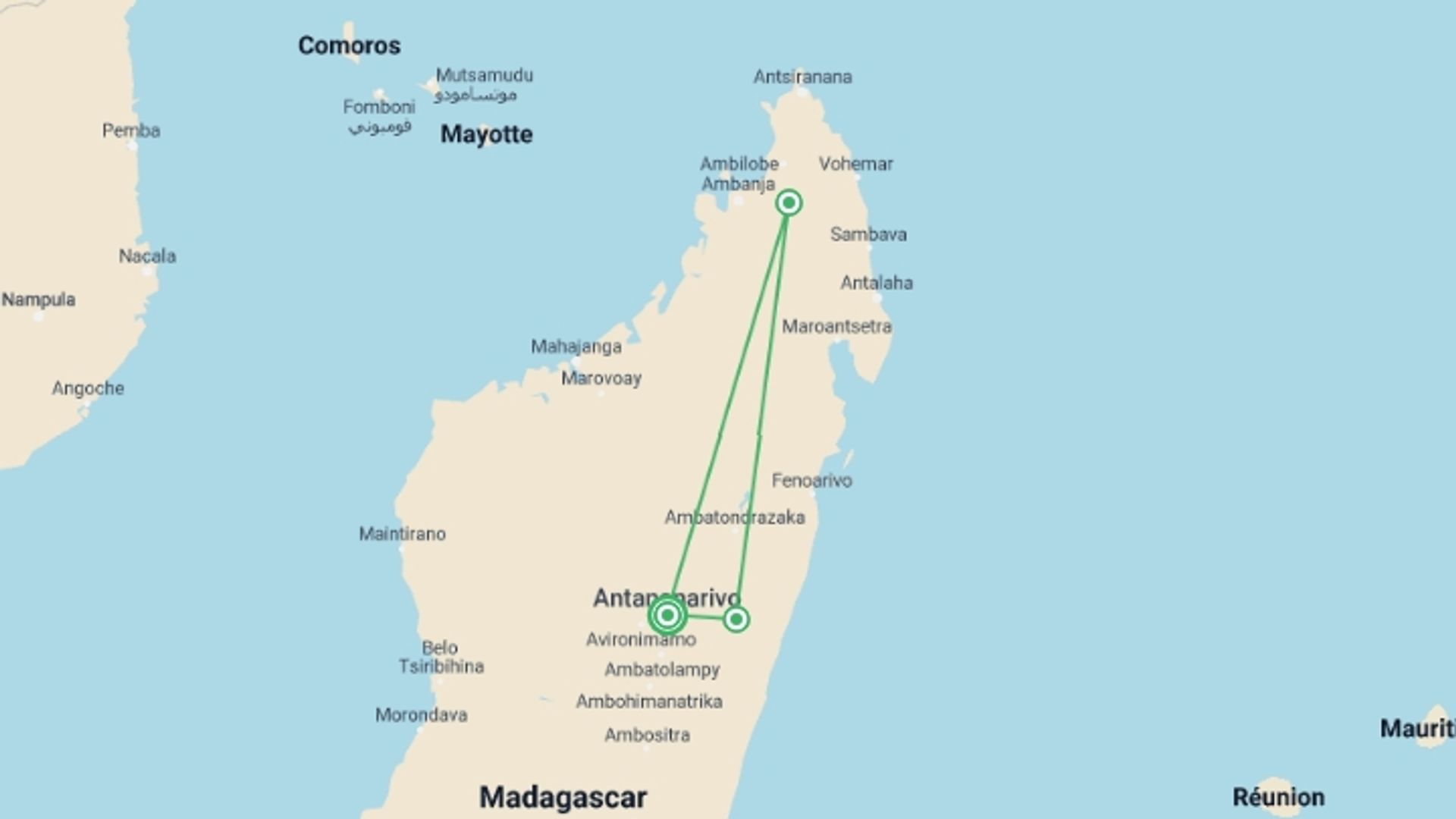 A map showing the tour itinerary for the trip: Culture & Wildlife of Madagascar, starting in Antananarivo, Madagascar and ending in Antananarivo, Madagascar going through 3 other destinations.