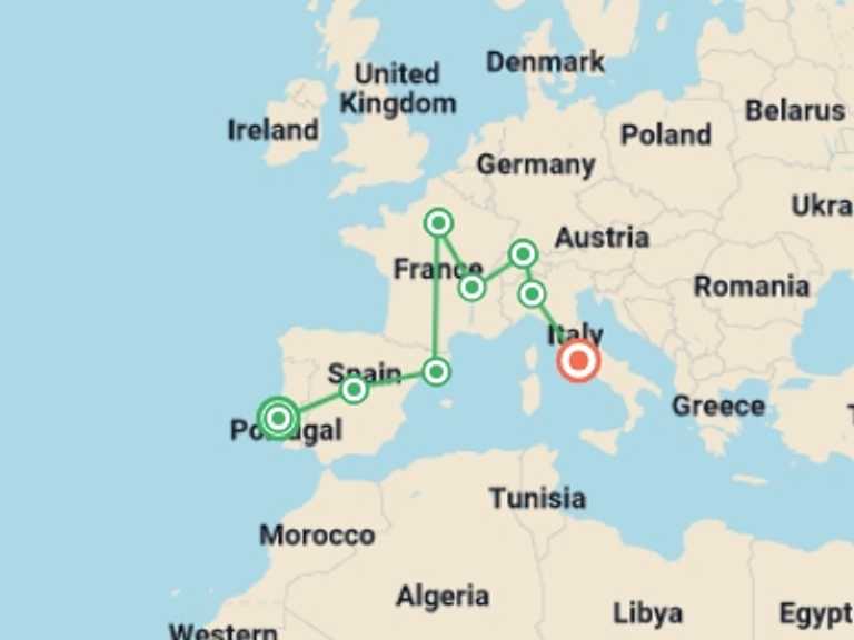 Map of 17-Day Madrid Tour with 8 destination visits for the trip: European Spotlight