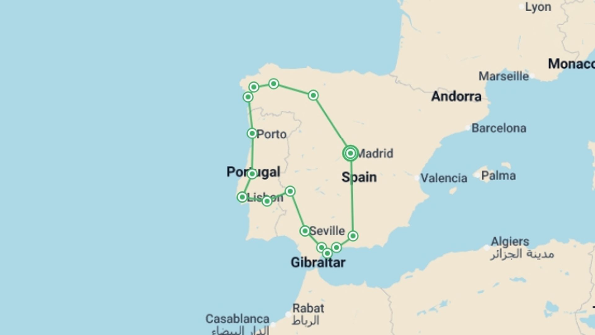 A map showing the tour itinerary for the trip: Spanish and Portuguese Landscapes, starting in Madrid, Spain and ending in Madrid, Spain going through 5 other destinations.