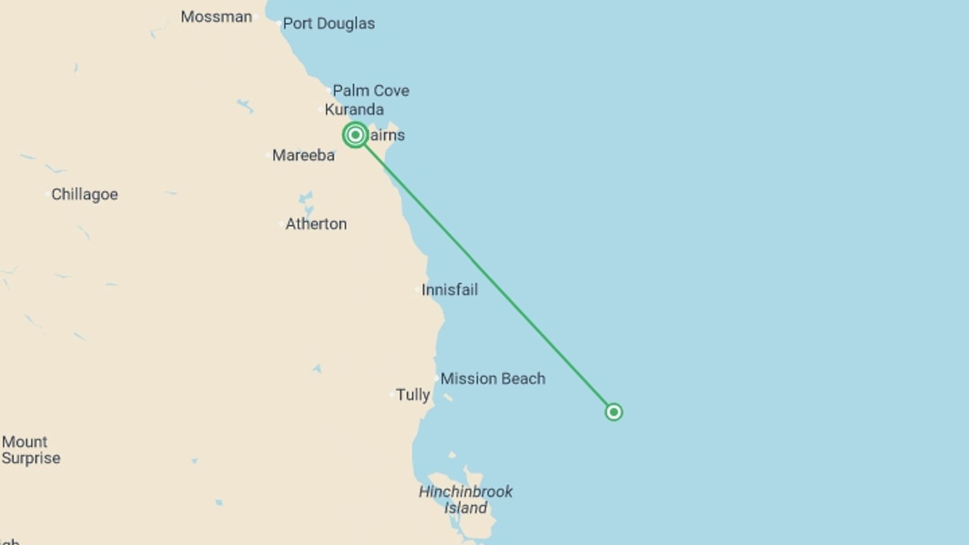 A map showing the tour itinerary for the trip: Great Barrier Reef Explorer, starting in Cairns, Australia and ending in Cairns, Australia going through 1 other destinations.