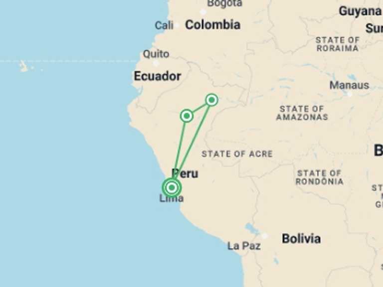 Map of Lima Tour with 4 destination visits for the trip: Amazon Riverboat Adventure In Depth
