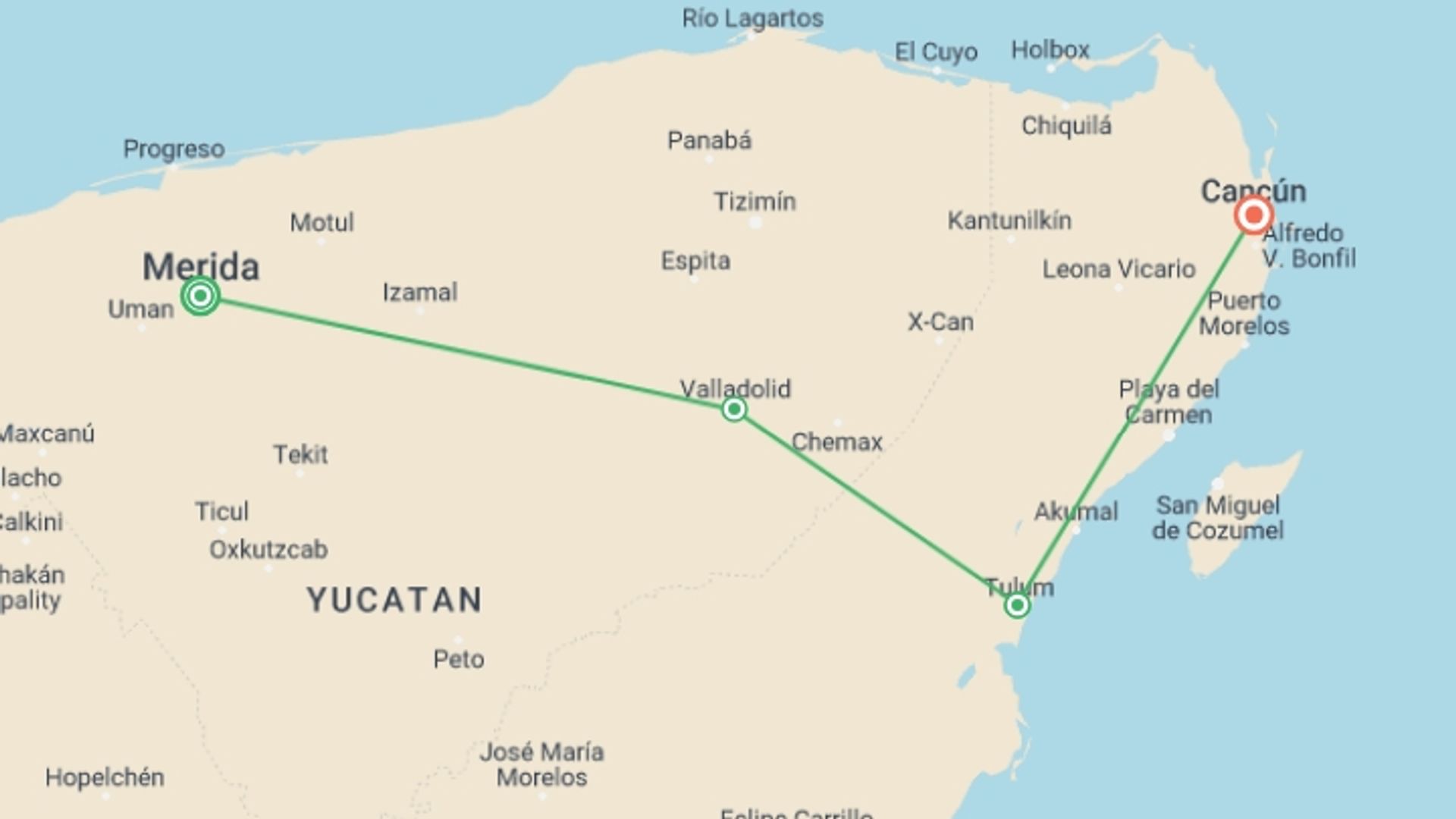 A map showing the tour itinerary for the trip: Yucatan & Cancún: Merida, Mayan Ruins, & Beachside Livin', starting in Merida, Mexico and ending in Cancún, Mexico going through 2 other destinations.