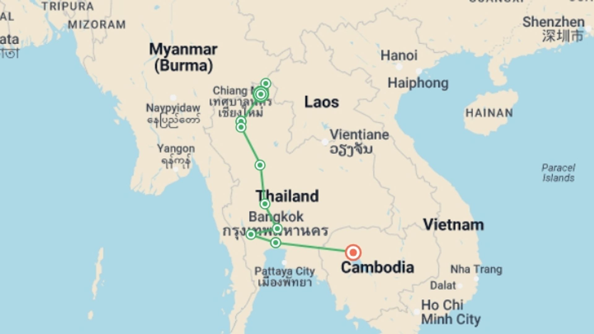 A map showing the tour itinerary for the trip: Thailand Grand Tour & Cambodia Package, Small Group Tour (other Languages), starting in Mueang Chiang Rai, Thailand and ending in Mueang Chiang Rai, Thailand going through 7 other destinations.