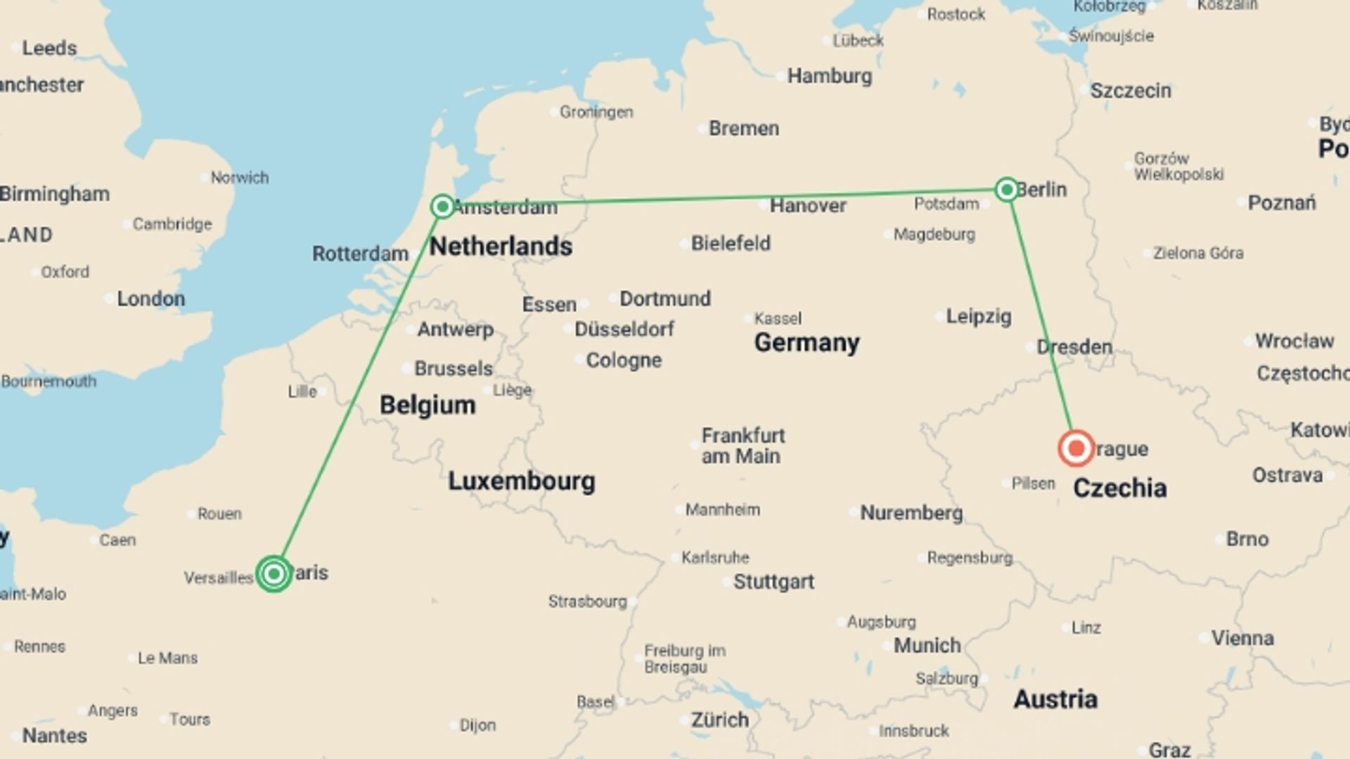 A map showing the tour itinerary for the trip: Europe by Rail Paris to Prague, starting in Paris, France and ending in Prague, Czech Republic going through 2 other destinations.