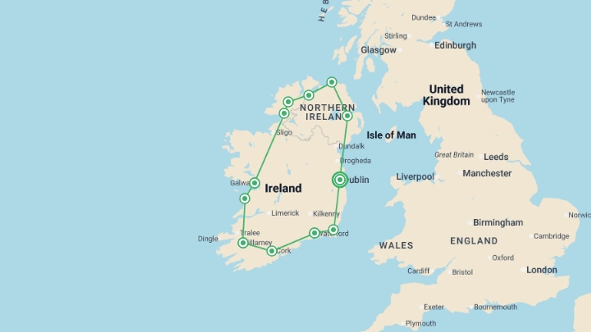 A map showing the tour itinerary for the trip: Amazing Ireland, starting in Dublin, Ireland and ending in Dublin, Ireland going through 7 other destinations.
