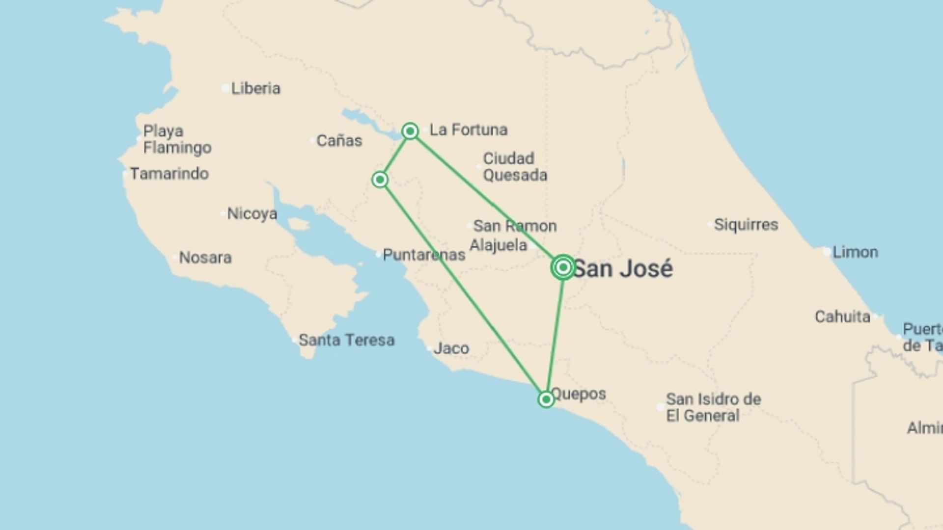 A map showing the tour itinerary for the trip: Treasures of Costa Rica, starting in San Jose, Costa Rica and ending in San Jose, Costa Rica going through 3 other destinations.