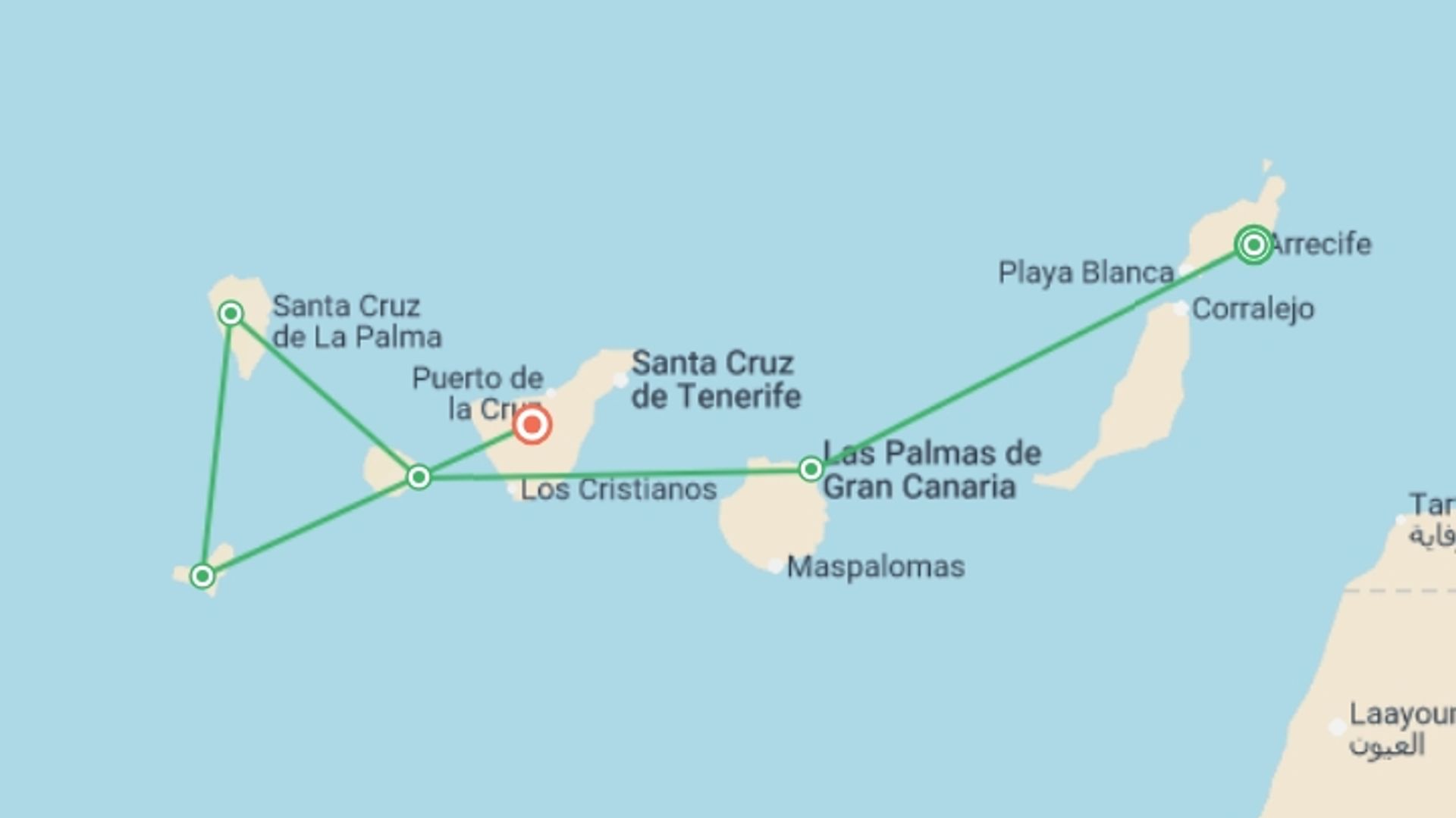 A map showing the tour itinerary for the trip: Cruise through the Canary Island Archipelago, eternal Springtime, starting in undefined, undefined and ending in Tenerife, undefined going through 4 other destinations.