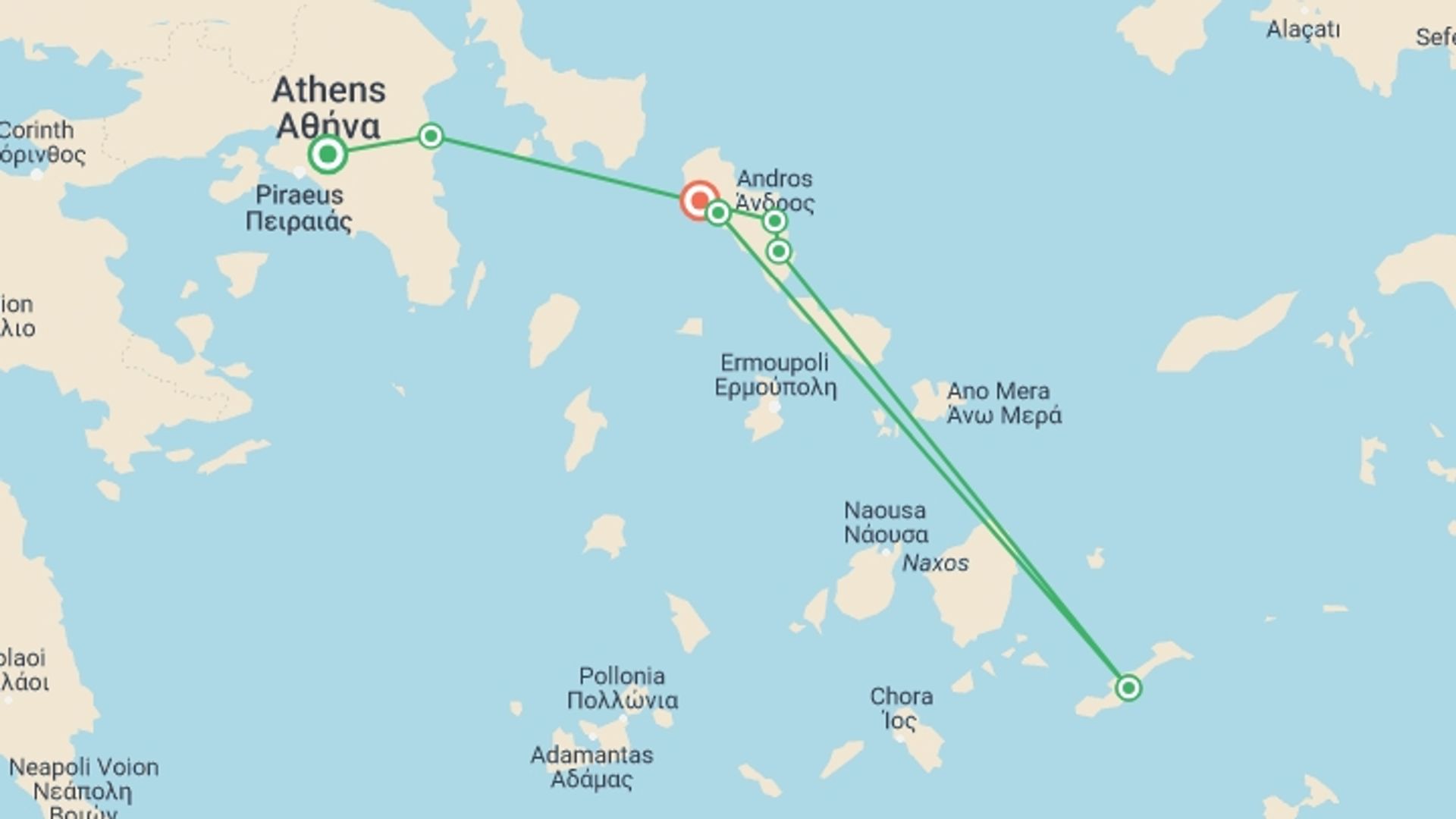 A map showing the tour itinerary for the trip: Andros Trail Self Guided Walk, starting in Athens, Greece and ending in Gavrio, Greece going through 4 other destinations.