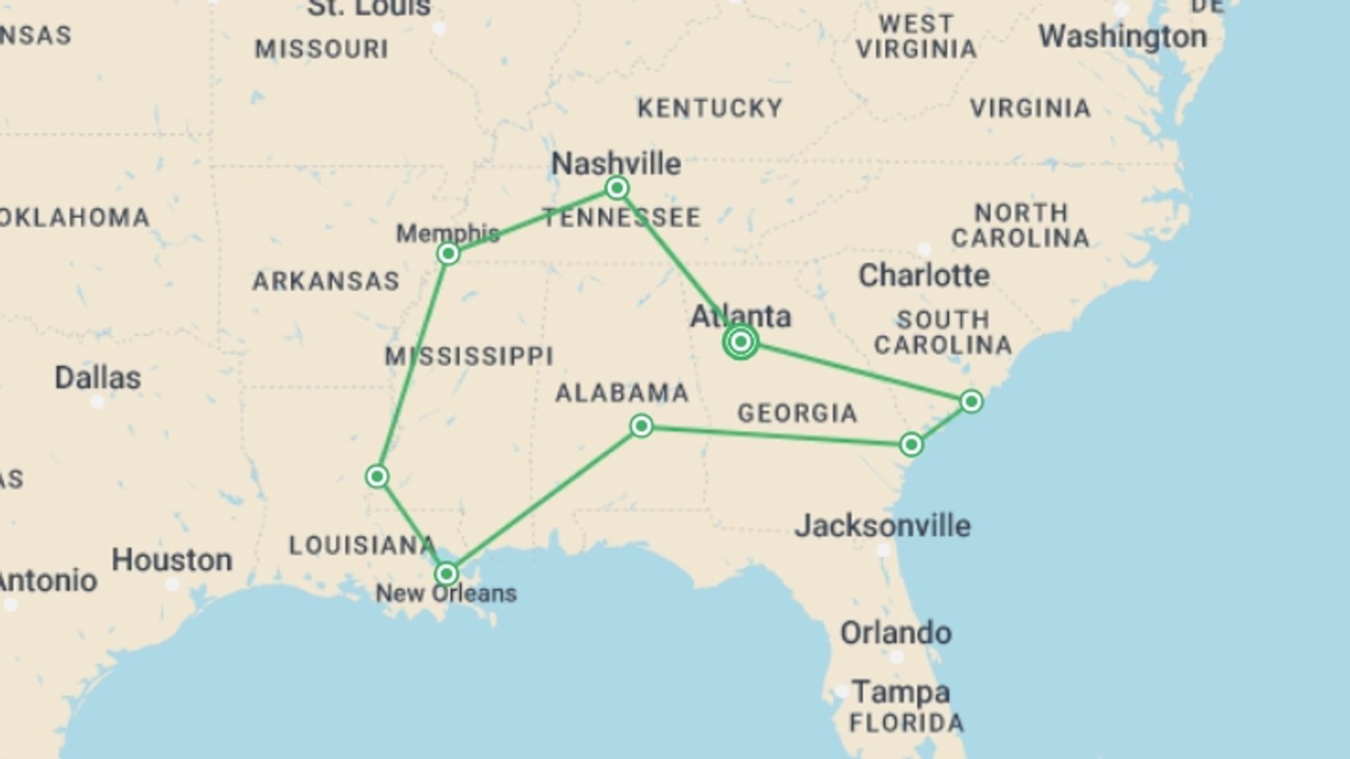 A map showing the tour itinerary for the trip: The American South, starting in Atlanta, USA and ending in Atlanta, USA going through 7 other destinations.