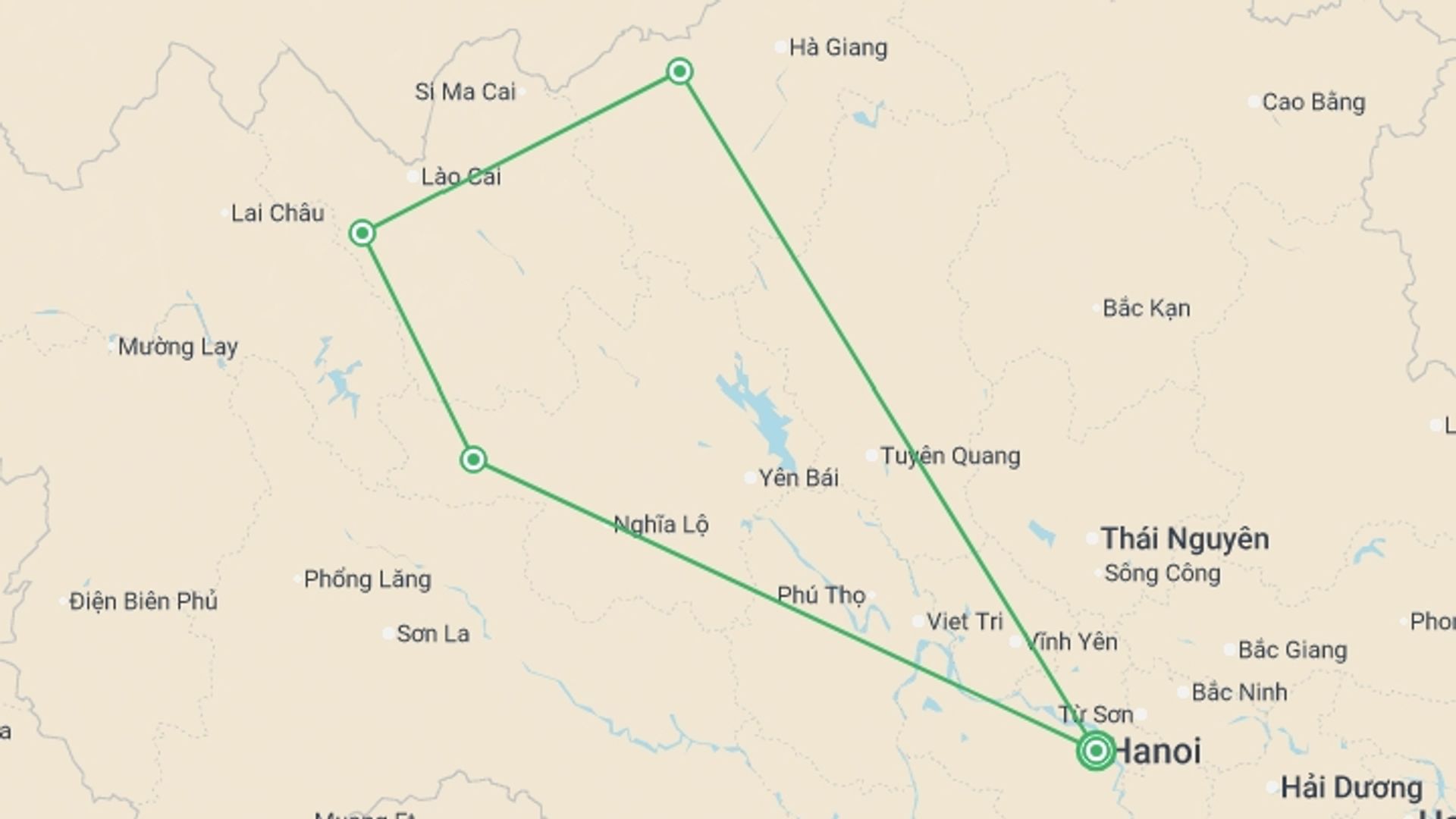 A map showing the tour itinerary for the trip: Premium Walking & Hiking in Vietnam, starting in Hanoi, Vietnam and ending in Hanoi, Vietnam going through 3 other destinations.