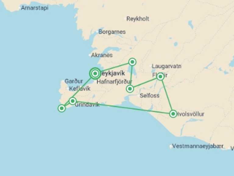 Map of a Adventure and sport Tour with 4 destination visits for the trip: Iceland's Golden Circle in Depth