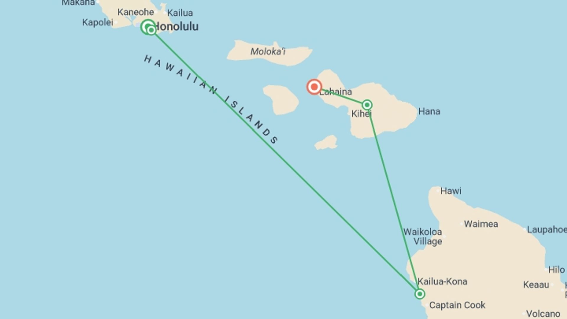 A map showing the tour itinerary for the trip: Hawaiian Explorer, starting in Honolulu, USA and ending in Kaanapali Beach, USA going through 4 other destinations.