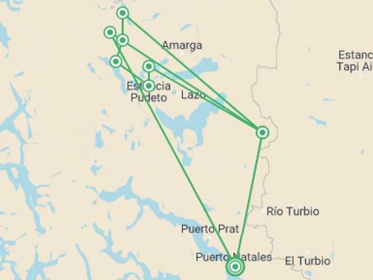 Map itinerary of Chile Tour in March 2026 with 11 destination visits for the trip: Torres del Paine Circuit