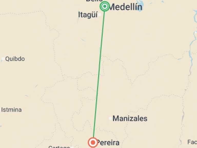 Map itinerary of South America Tour in January 2027 with 2 destination visits for the trip: 6-day Medellin & Pereira Coffee Region Experience, Private Tour