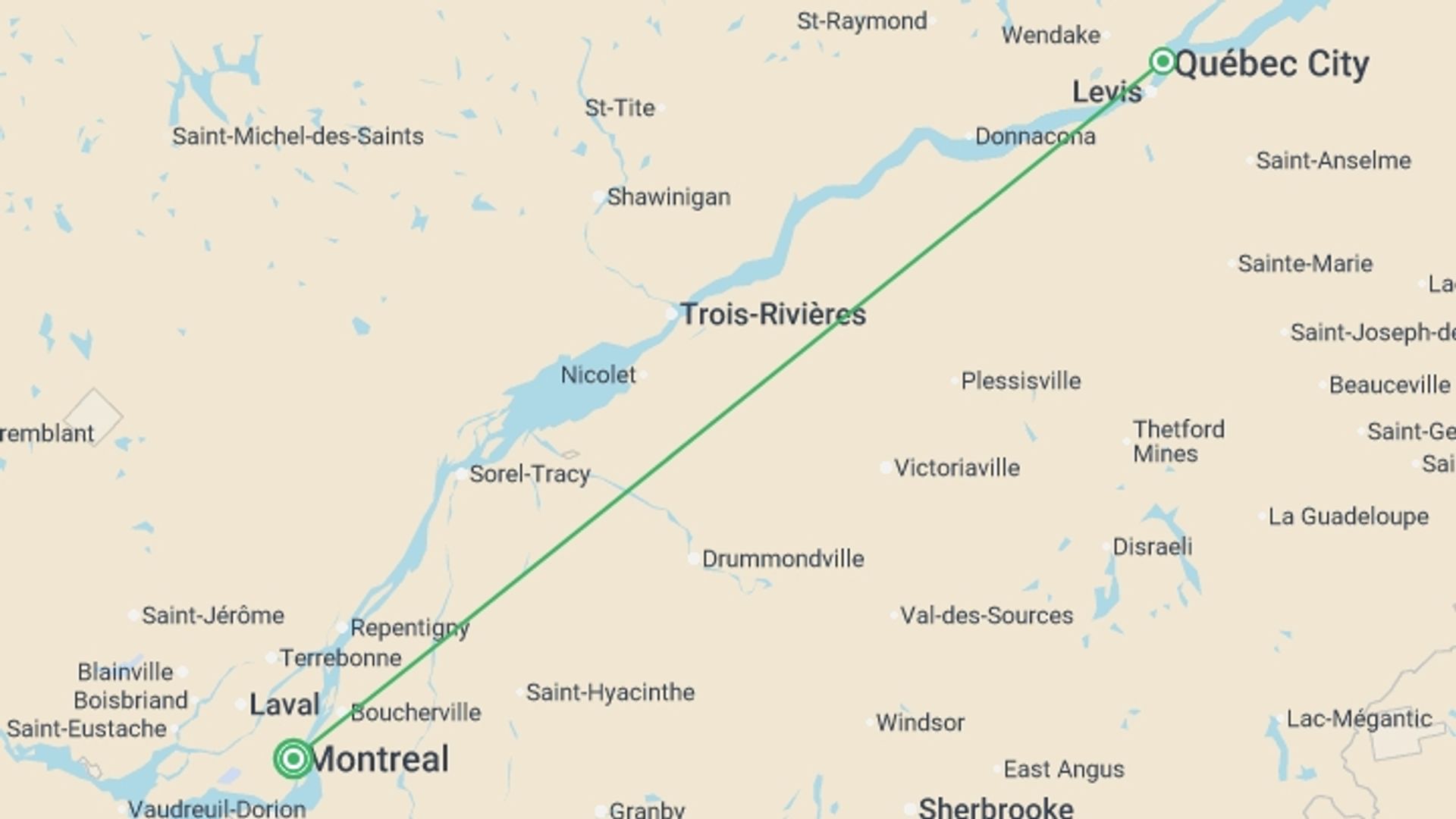 A map showing the tour itinerary for the trip: Christmas Markets of Montreal and Quebec City , starting in Montreal, Canada and ending in Montreal, Canada going through 1 other destinations.