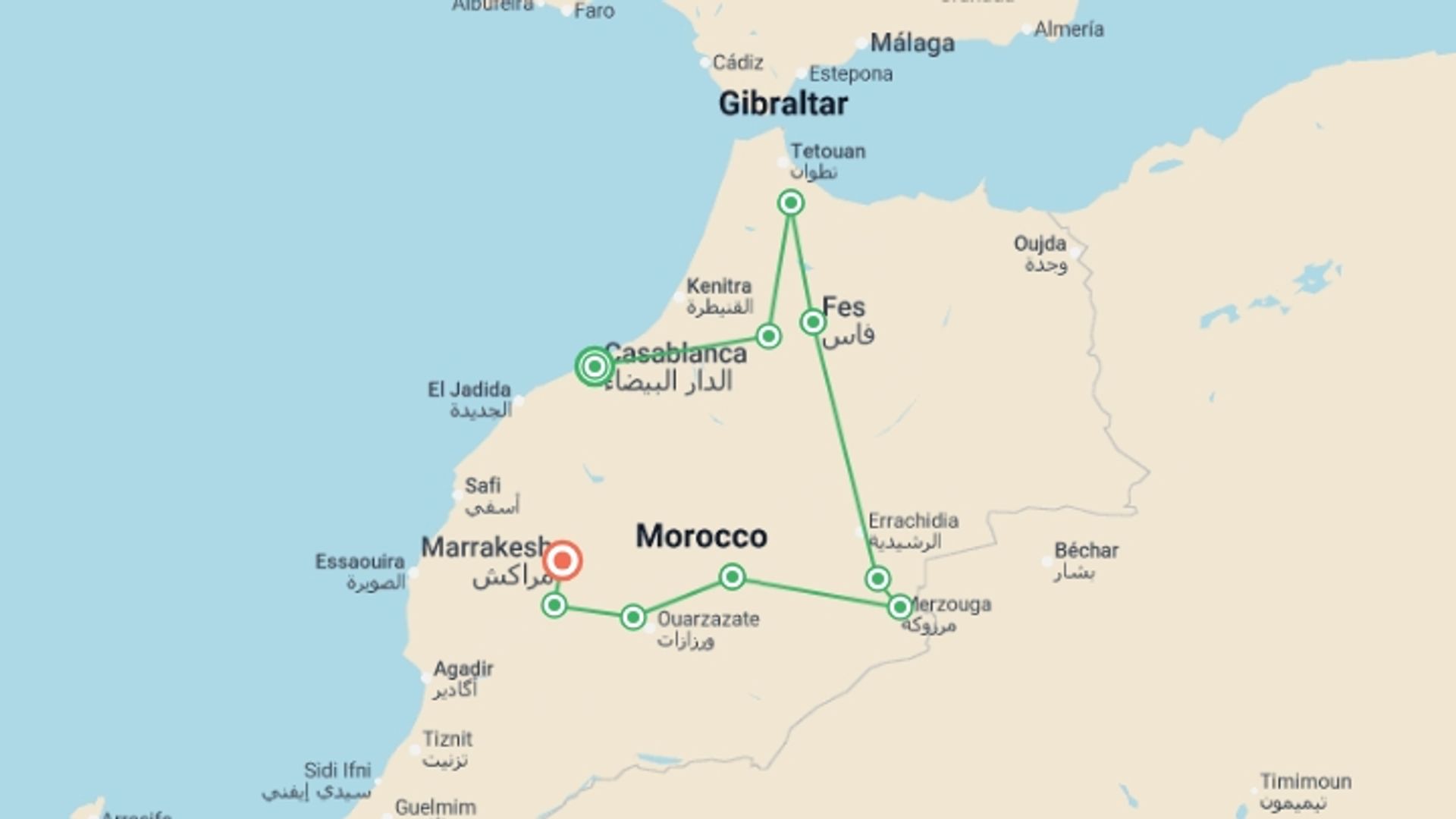 A map showing the tour itinerary for the trip: Premium Morocco in Depth, starting in Casablanca, Morocco and ending in Marrakech, Morocco going through 8 other destinations.