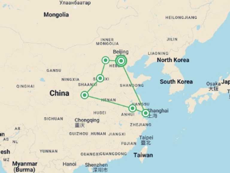 Map of 13-Day China Tour with 6 destination visits for the trip: Chinese Ancient Heartland, Private Tour