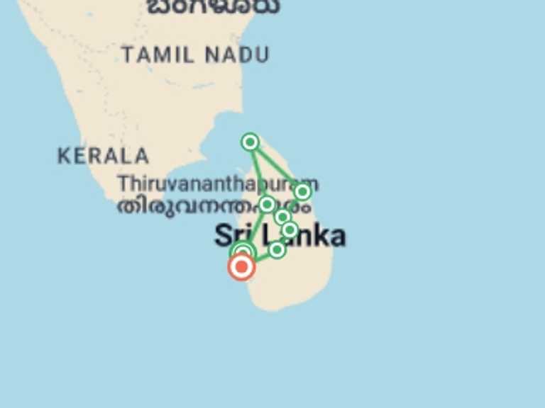 Map of South Asia Wildlife safaris and game drives Tour with 8 destination visits for the trip: Sri Lanka Explorer