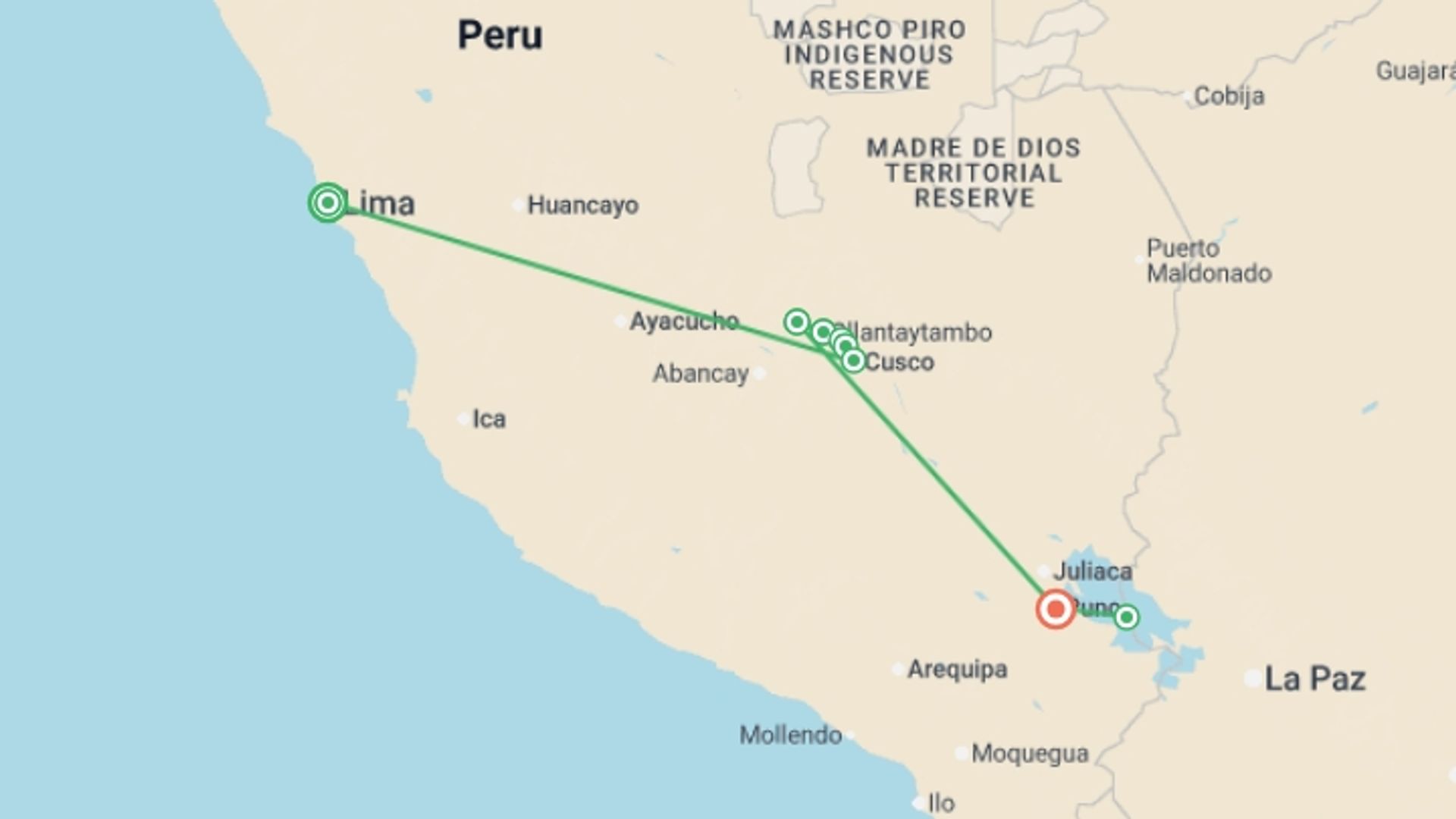 A map showing the tour itinerary for the trip: Essential South, starting in Lima, Peru and ending in Puno, Peru going through 3 other destinations.