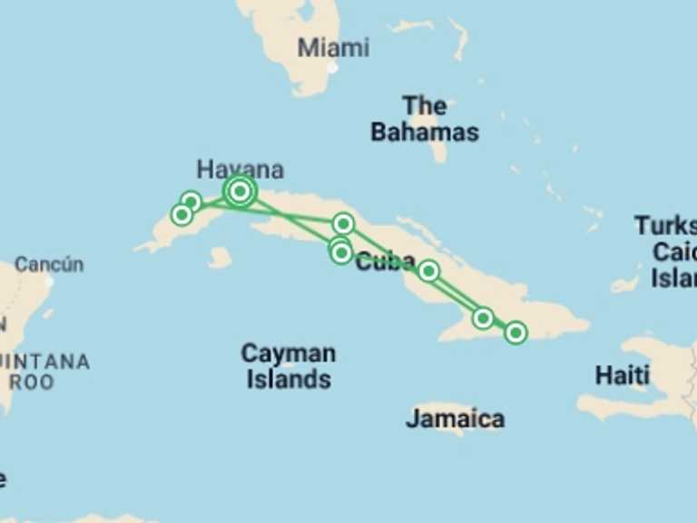 Map of Havana Cultural, religious and historic sites Tour with 9 destination visits for the trip: Cuba Libre!