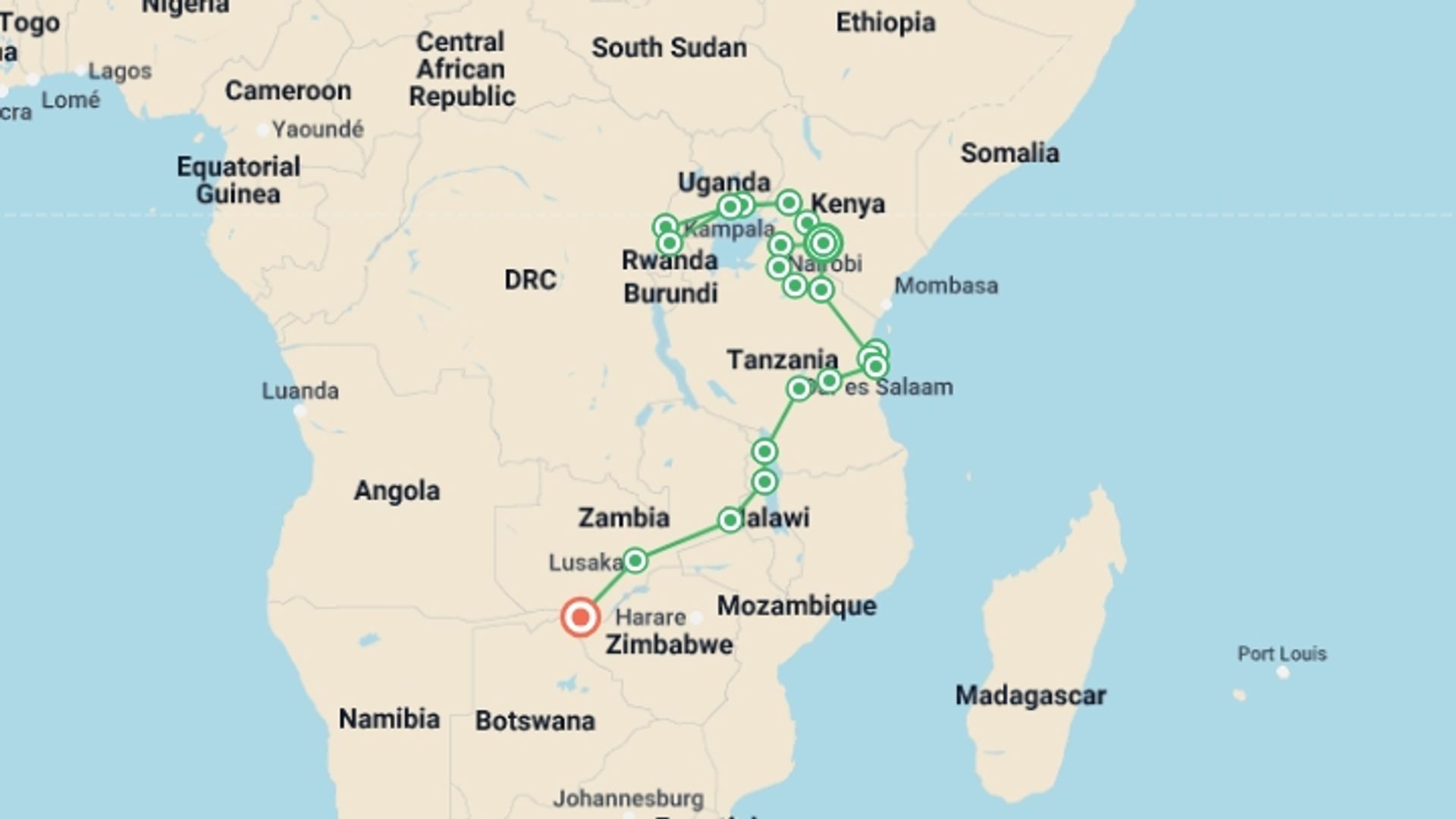 A map showing the tour itinerary for the trip: 39-day Gorillas to Victoria Falls Camping, starting in Nairobi, Kenya and ending in Livingstone, Zambia going through 19 other destinations.